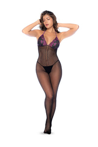 One Size Fishnet and Lace Bodystocking Set Black/Purple