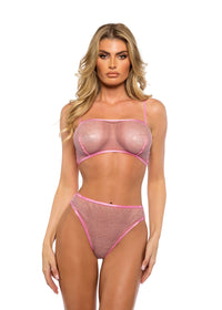 Think Pink Rhinestone Fishnet Tube 2-Piece Short Set
