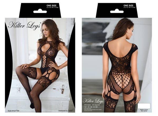 Lace Trim Open Back Gartered Fishnet Bodystocking