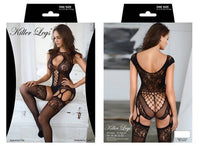 Lace Trim Open Back Gartered Fishnet Bodystocking