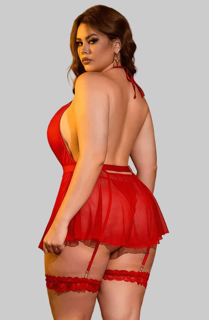 Plus Size Red Lace & Mesh Halterneck Babydoll with Suspender Straps