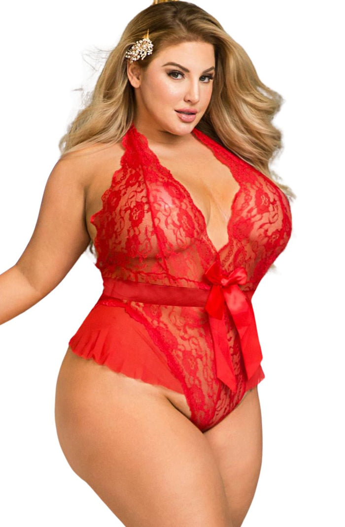 Plus Size lace deep V neckline Hot Red Teddy