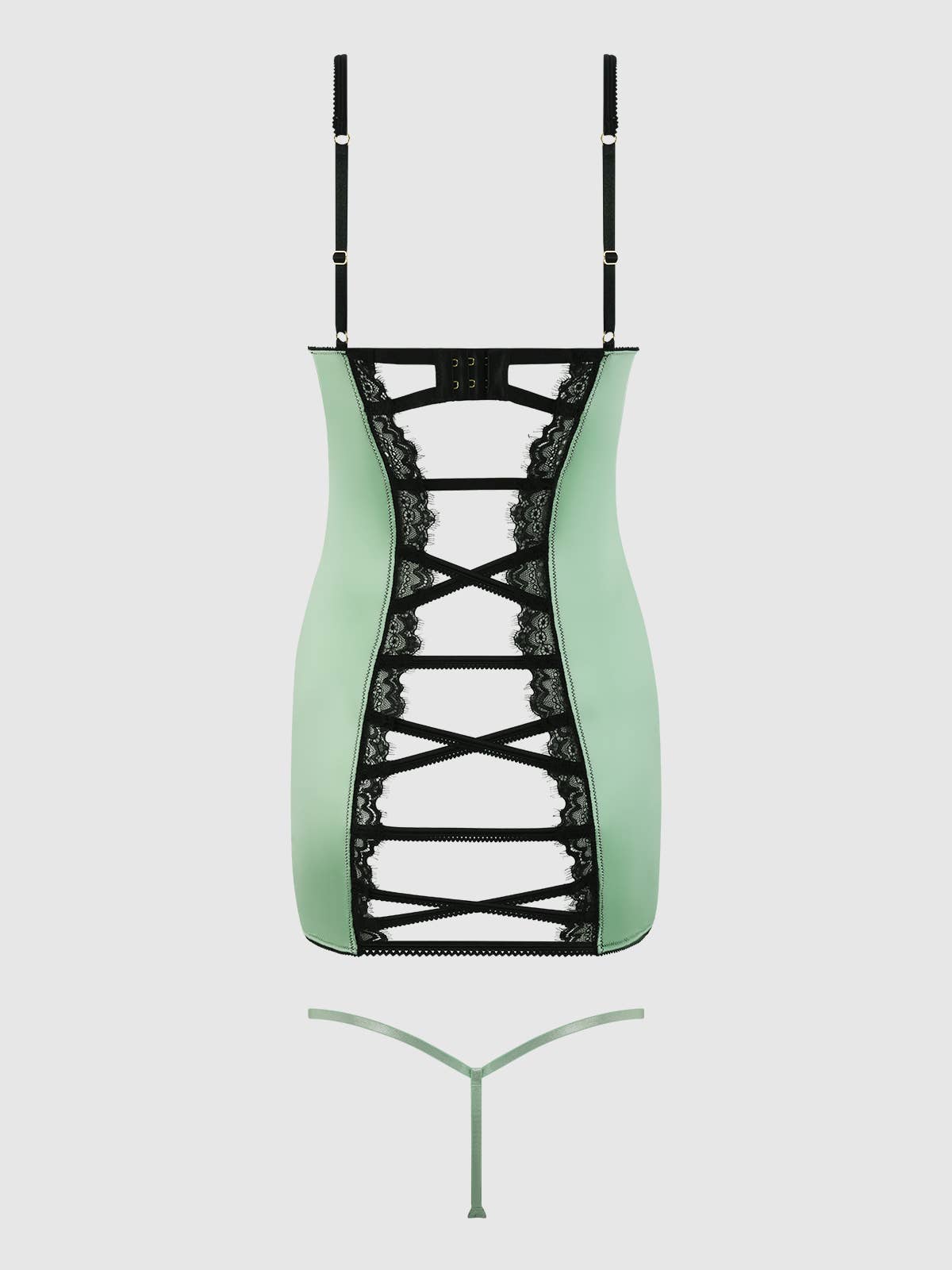 LARA LACE & SATIN OPEN CUP STRAPPY CHEMISE & G-STRING SET