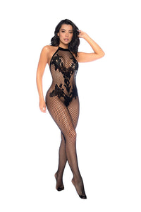 Floral details Crotchless Bodystocking Black