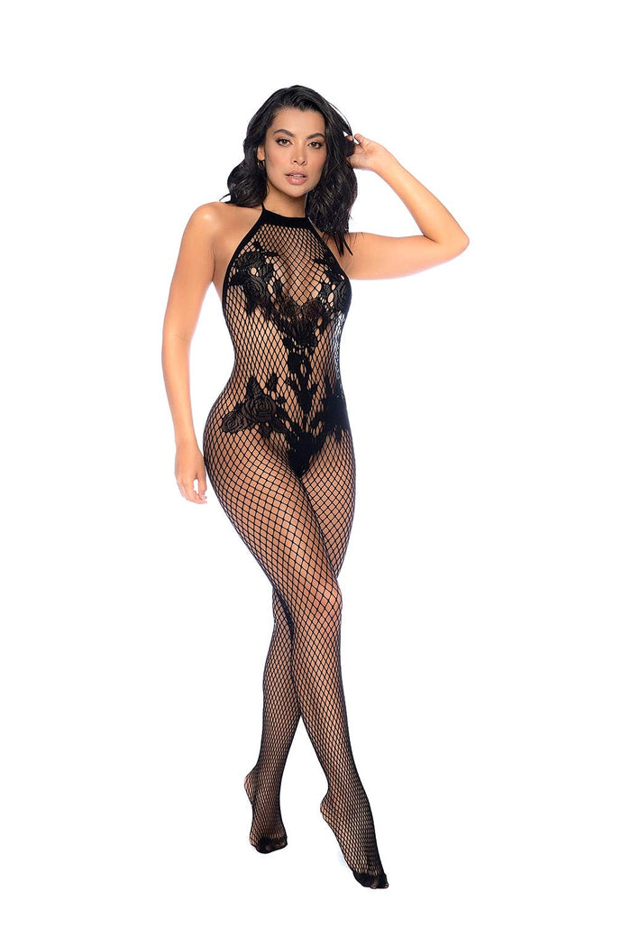 Floral details Crotchless Bodystocking Black